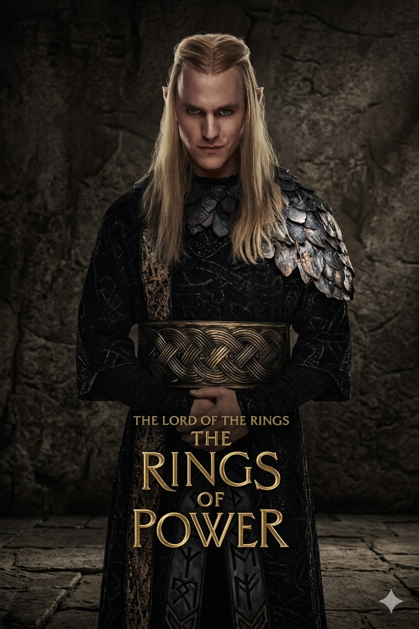 An elf with long blond hair and pointed ears, wearing dark armor, stands against a stone wall. Text reads: The Lord of the Rings: The Rings of Power, now streaming on IPTV Netherland.
