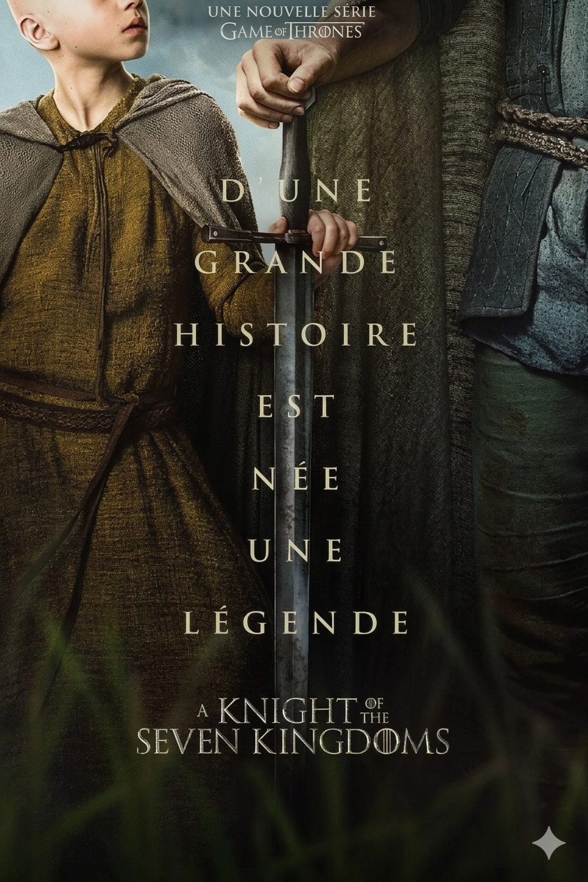 A child in a brown cloak stands beside an armored adult holding a sword. French text reads, Dune grande histoire est née une légende. Below is the title: A Knight of the Seven Kingdoms. Experience this legendary tale as it’s brought to life on screen, now available through IPTV Netherland for viewers to enjoy seamlessly.