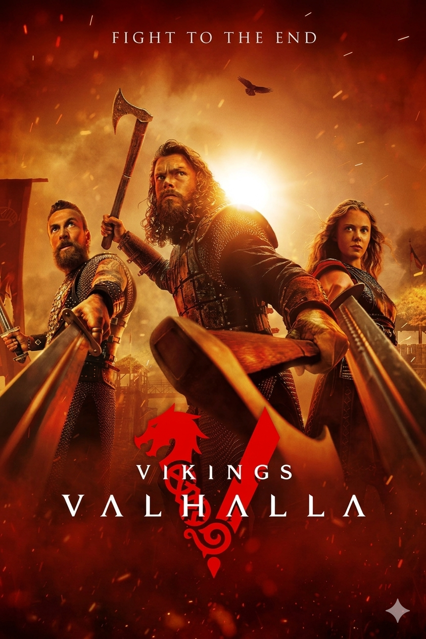 Three armored warriors wield axes and swords, standing ready for battle with a fiery orange sky behind them. The text reads Fight to the End and Vikings: Valhalla with a red dragon graphic, capturing the spirit of IPTV Netherland’s epic entertainment selection.