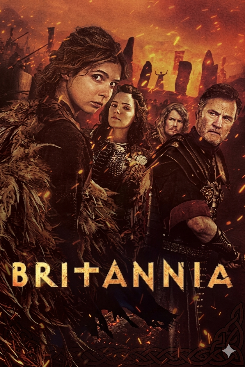 Four characters in ancient attire stand before a fiery, chaotic backdrop with stone structures. The word Britannia appears in bold text at the bottom. Reminiscent of an epic historical drama, the scene transports viewers to another era—perfect for fans of IPTV Netherland seeking vibrant period content.