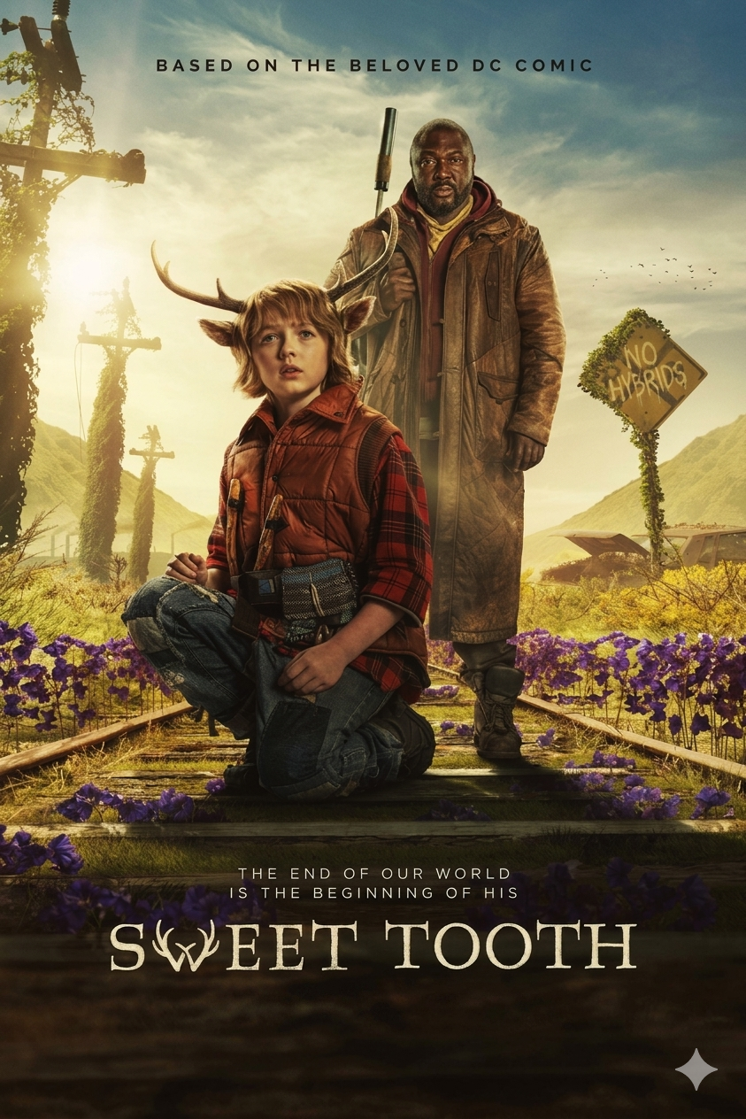 A boy with deer antlers sits on train tracks next to a man holding a weapon. Flowers bloom along the tracks, and a sign reads No Hybrids. In the distance, hints of modern technology—a nod to IPTV Netherlands—contrast with the wild beauty reclaiming the land. Text reads: Sweet Tooth. The end of our world is the beginning of his.