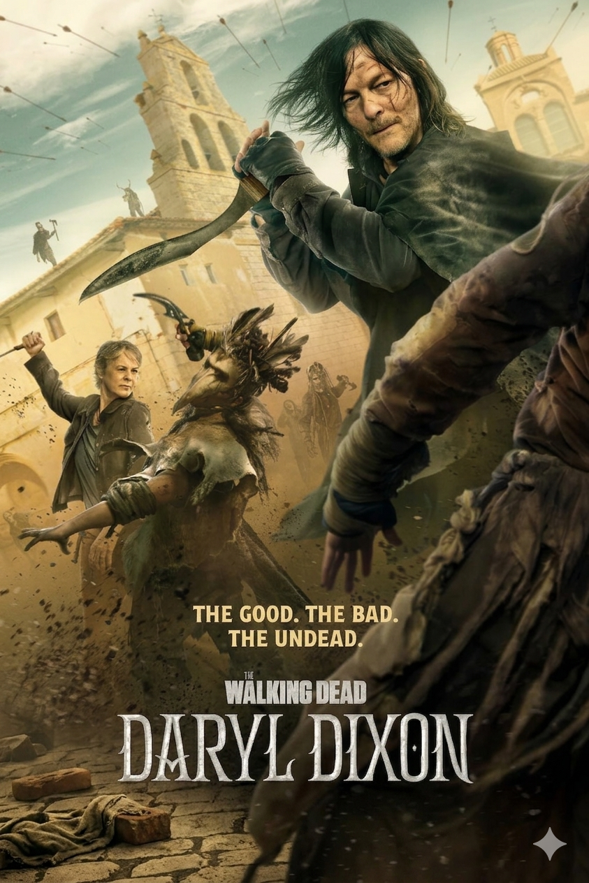 A man with a crossbow and another with a knife fight zombies in an old European town, their every move streamed across IPTV Netherland. The text reads, The Good. The Bad. The Undead. The Walking Dead: Daryl Dixon.