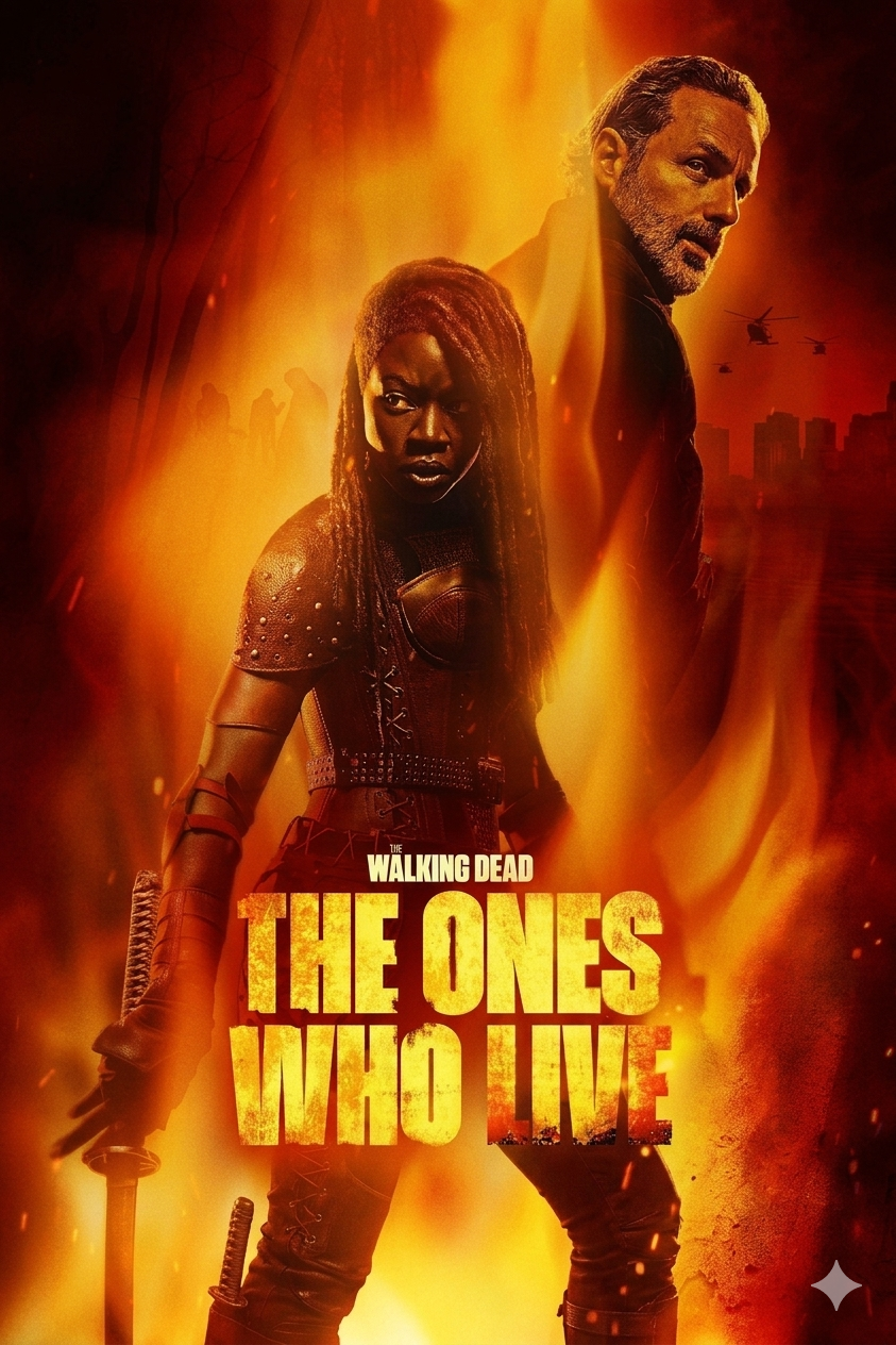 Two armed characters stand back-to-back surrounded by flames. The text reads The Walking Dead: The Ones Who Live. City buildings and helicopters appear silhouetted in the fiery background, hinting at the chaos that can be experienced with IPTV Netherland streaming this thrilling series.
