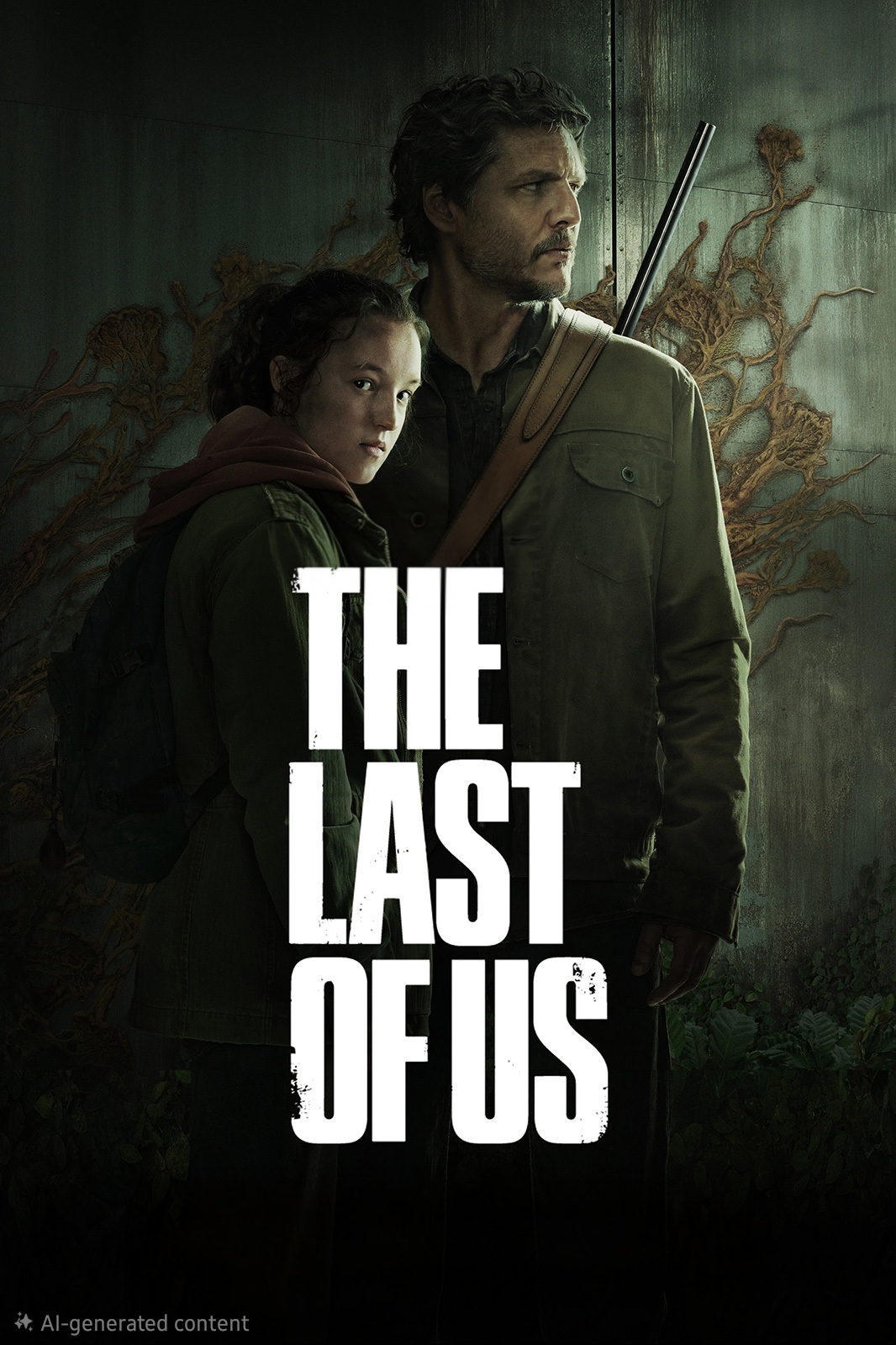 A man holding a rifle and a young girl stand close together, looking serious. Behind them is a wall with large fungus growths. Bold text in front reads, The Last of Us—a gripping scene available to stream on IPTV Netherland.
