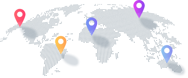 A dotted world map with five colorful location pins placed across different continents, each pin in red, orange, purple, or blue—perfect for highlighting global IPTV Netherland connectivity.
