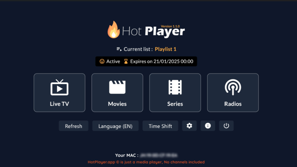 A media player interface presents menu options for Live TV, Movies, Series, Radios, and settings. The IPTV Netherland playlist is active and expires on January 21, 2025. The MAC address is blurred at the bottom.