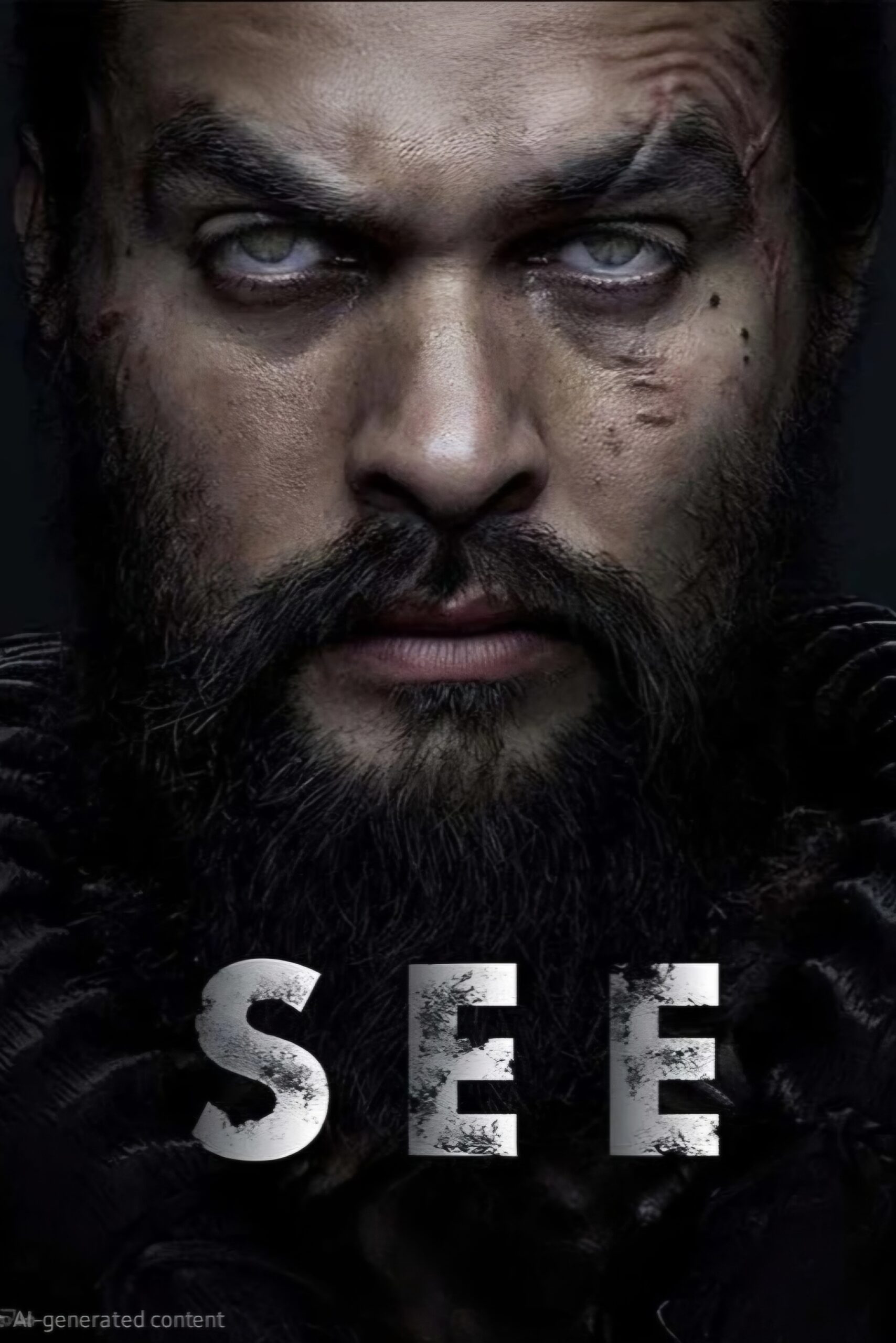 A close-up of a bearded man with pale eyes, scars on his face, and an intense expression, capturing the gripping atmosphere of IPTV Netherland entertainment, with the word SEE in bold, distressed letters at the bottom.