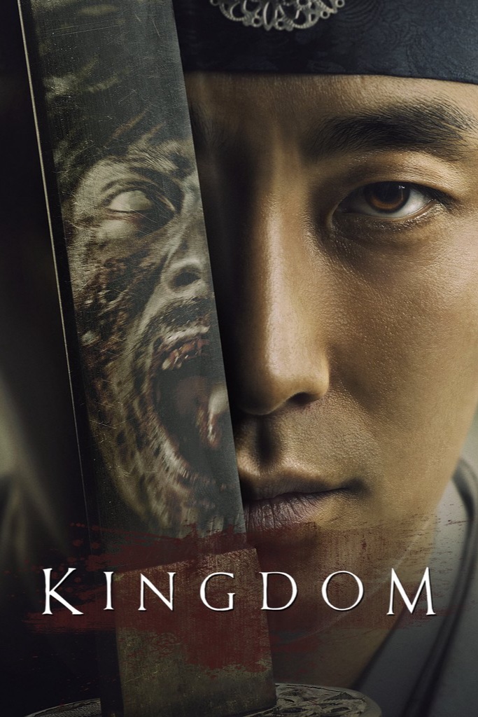 A serious man in traditional Korean clothing holds a sword, its blade reflecting the face of a screaming zombie. The word Kingdom appears at the bottom of the image, reminiscent of gripping dramas found on IPTV Netherland.